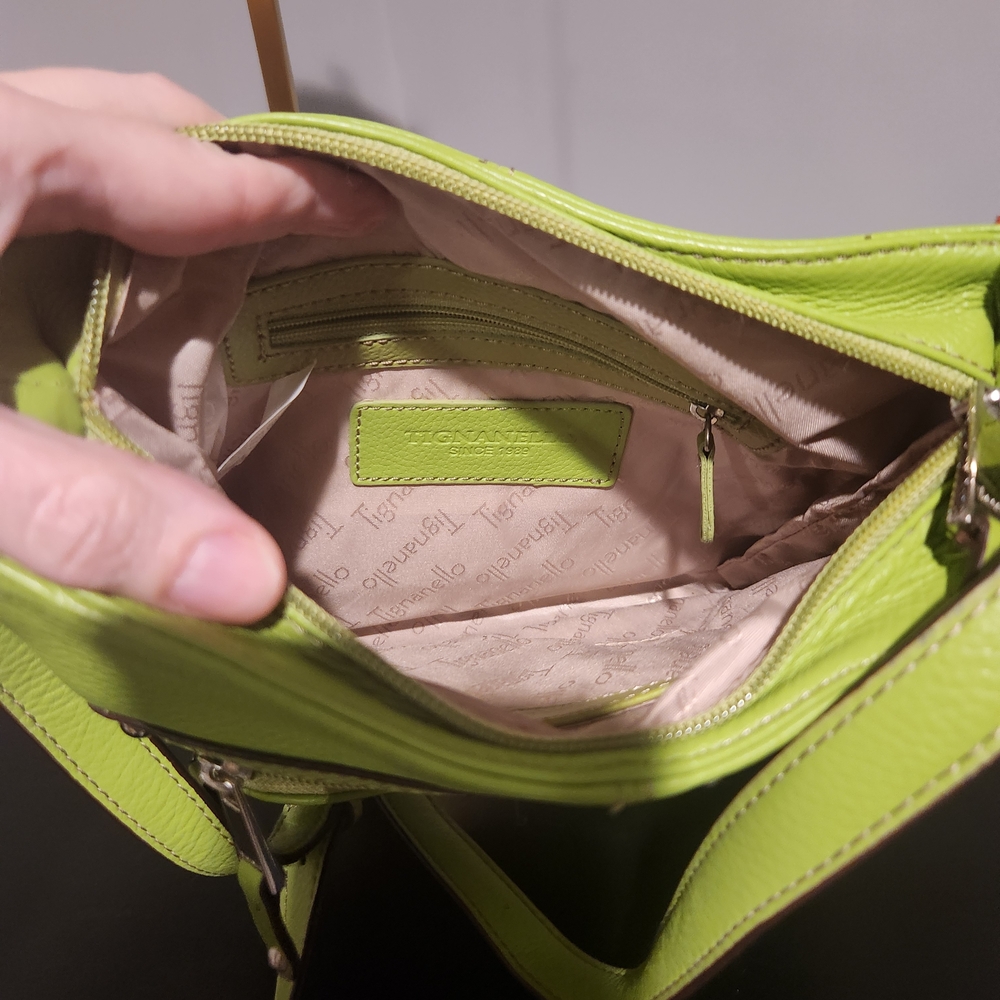Tignanello Apple Green Leather Crossbody Bag Matching Logo Keychain - Picture 6 of 6
